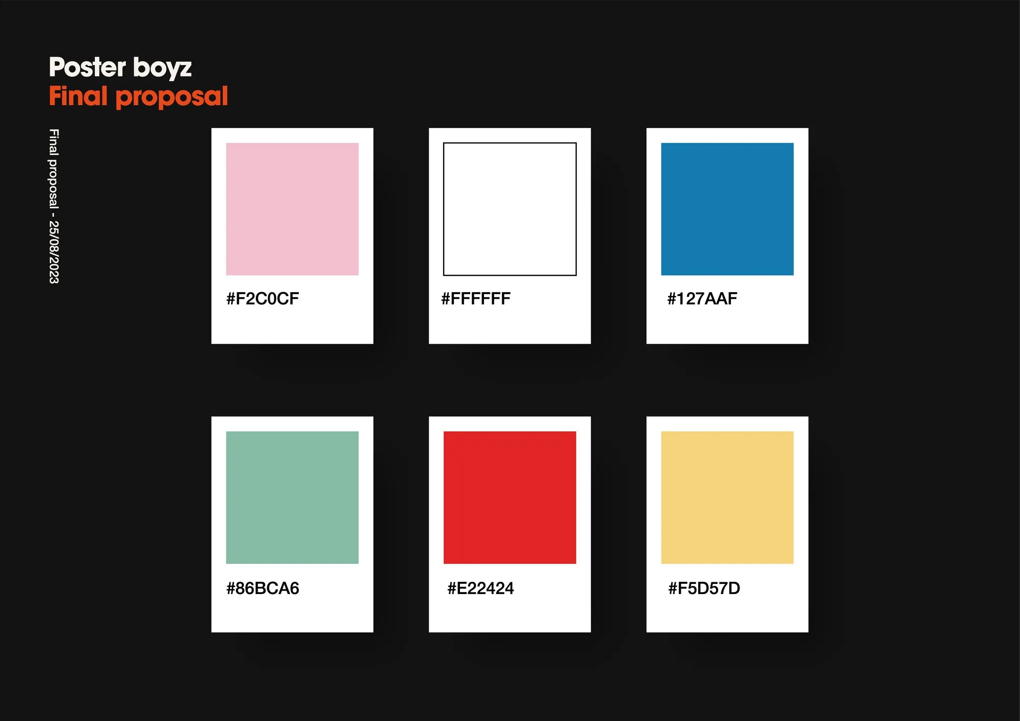 De paletpagina uit het merkboek, zes kleuren als polaroidstalen met hexwaarden