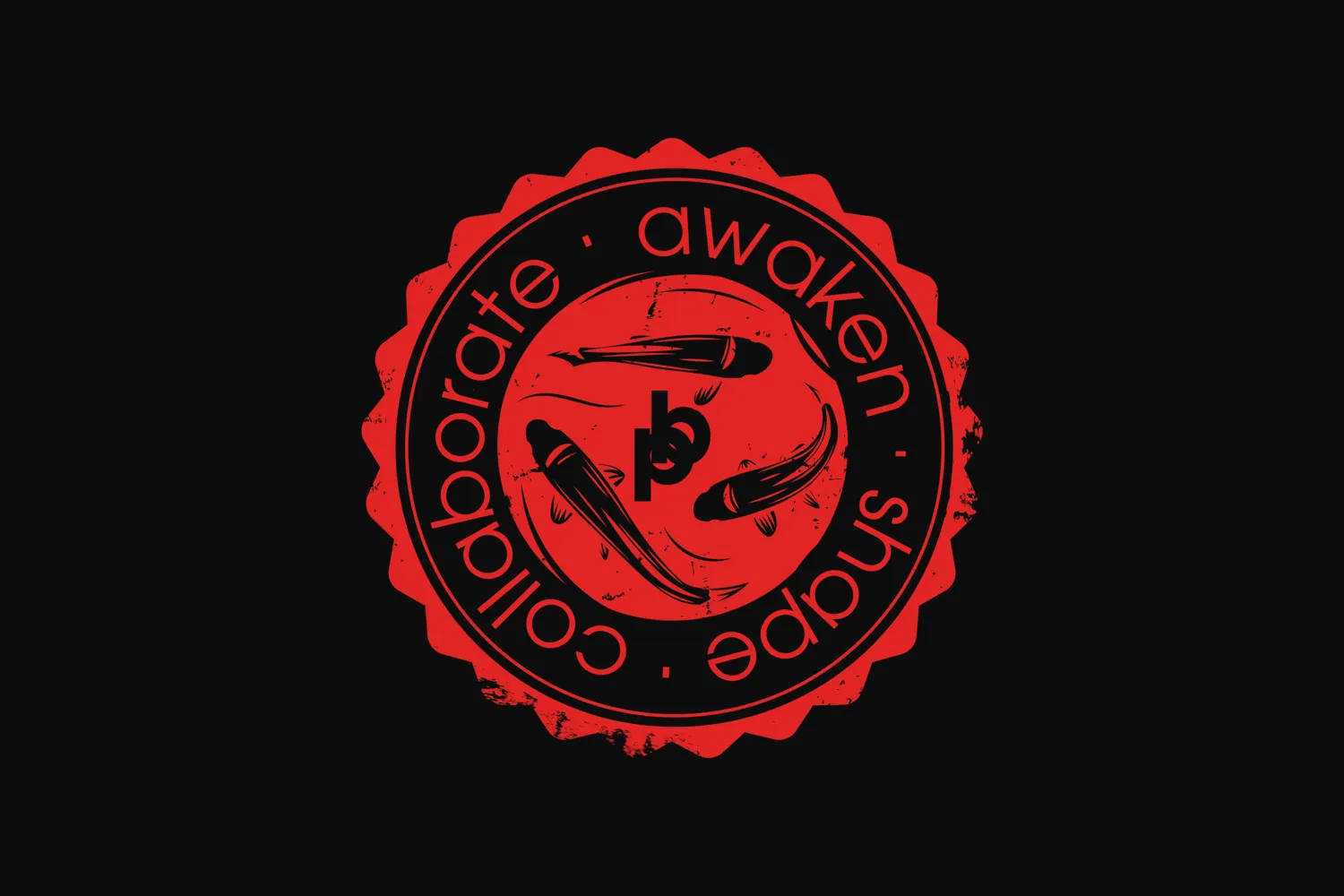 Het koi-stempel, omringd door de woorden awaken, shape, collaborate