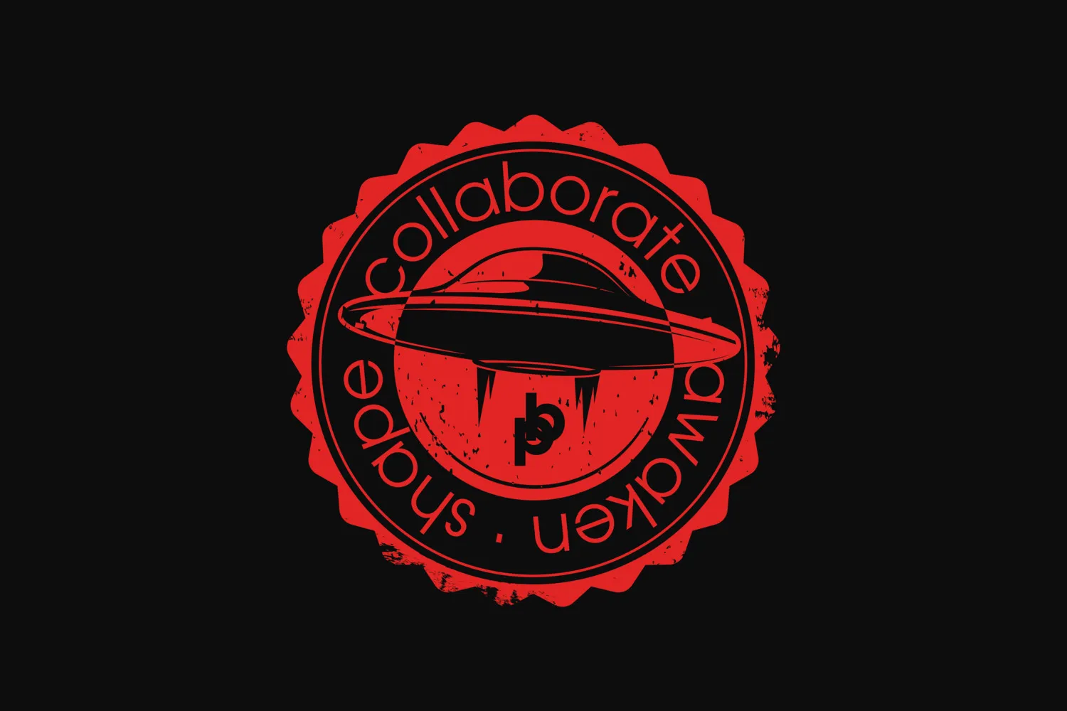 Het ufo-stempel, omringd door de woorden awaken, shape, collaborate