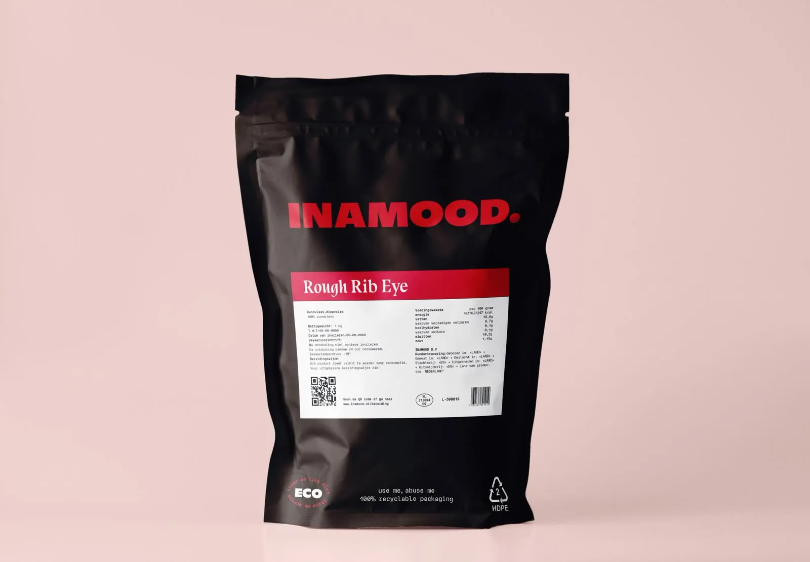 Rough Rib Eye pouch met het volledige productlabel en het eco-merk