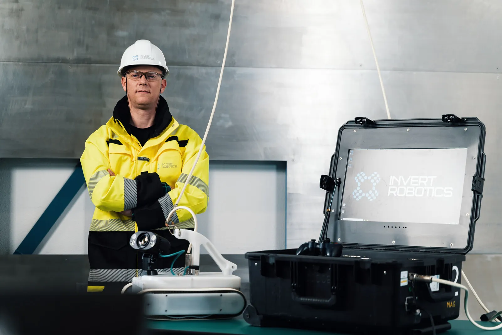 Een operator in hesje werkt vanuit de geopende bedieningskoffer
