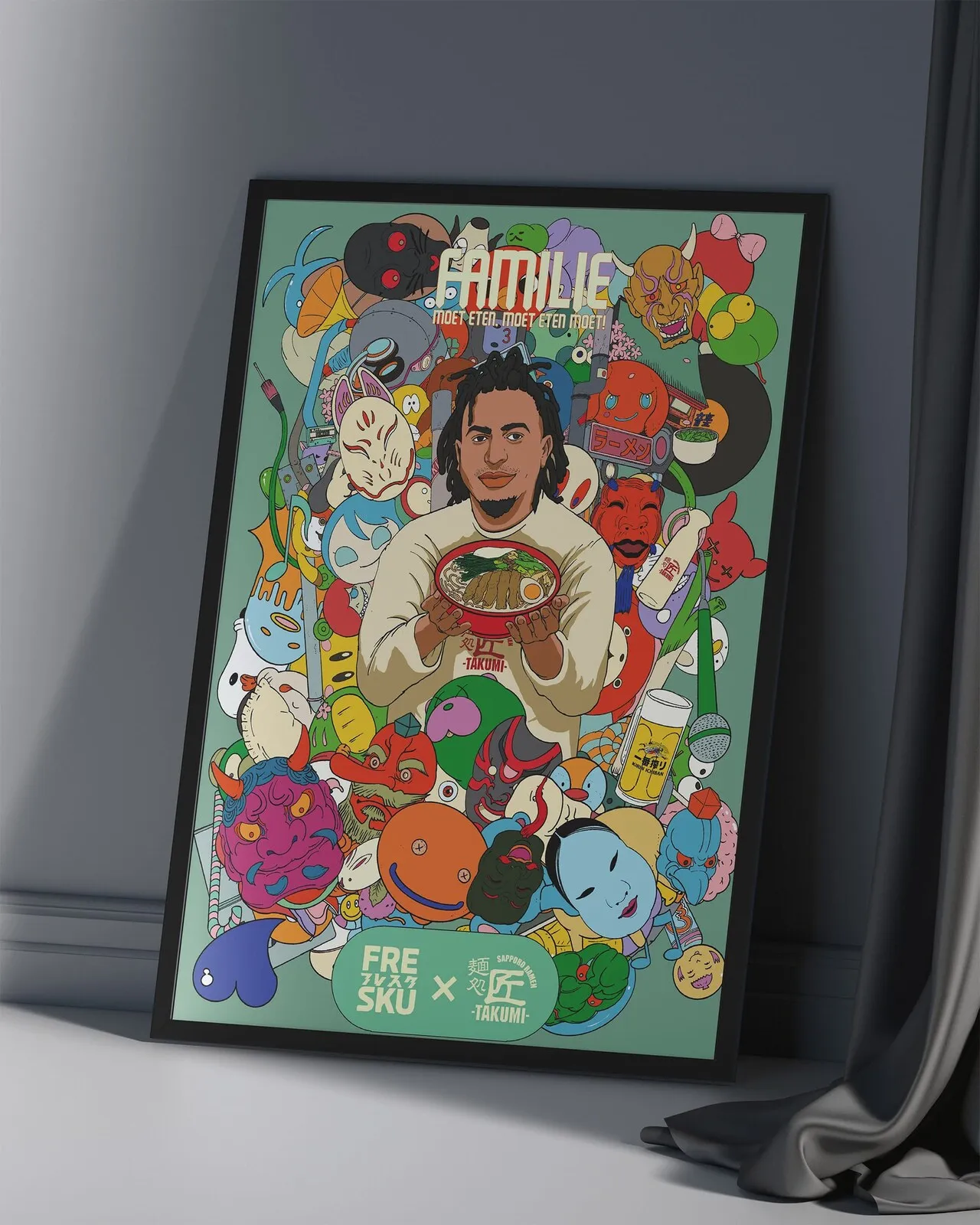 De A1-poster Familie ingelijst, Fresku met een kom te midden van Ogata's personages